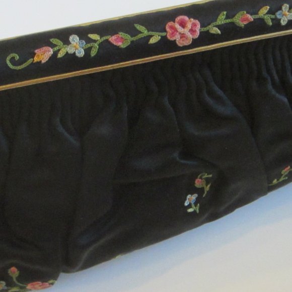 Art Deco Paris Gants Saint Roch Hand Made Black Satin French Embroidered Purse - Picture 11 of 11